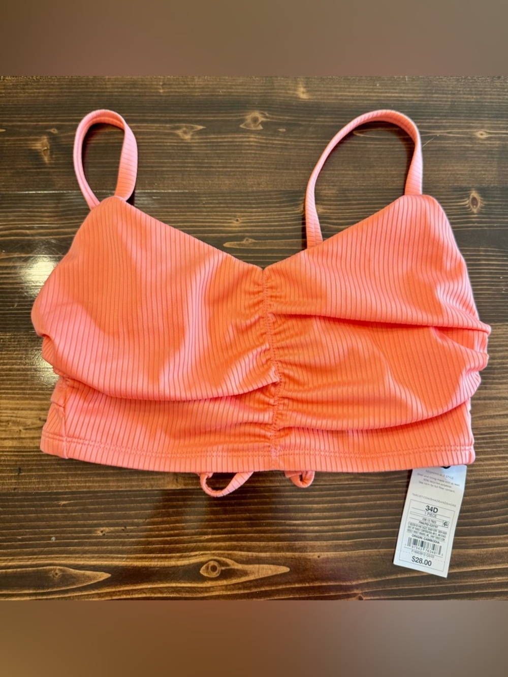 NWT Shade‎ & Shore Ribbed Coral Underwire Bikini Top with Lace Up Back 34D